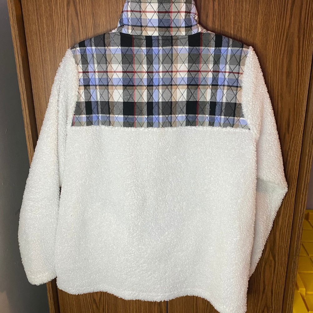 Vera Bradley Fleece Pullover Womens L White Plaid Quilted Sherpa Quarter Zip